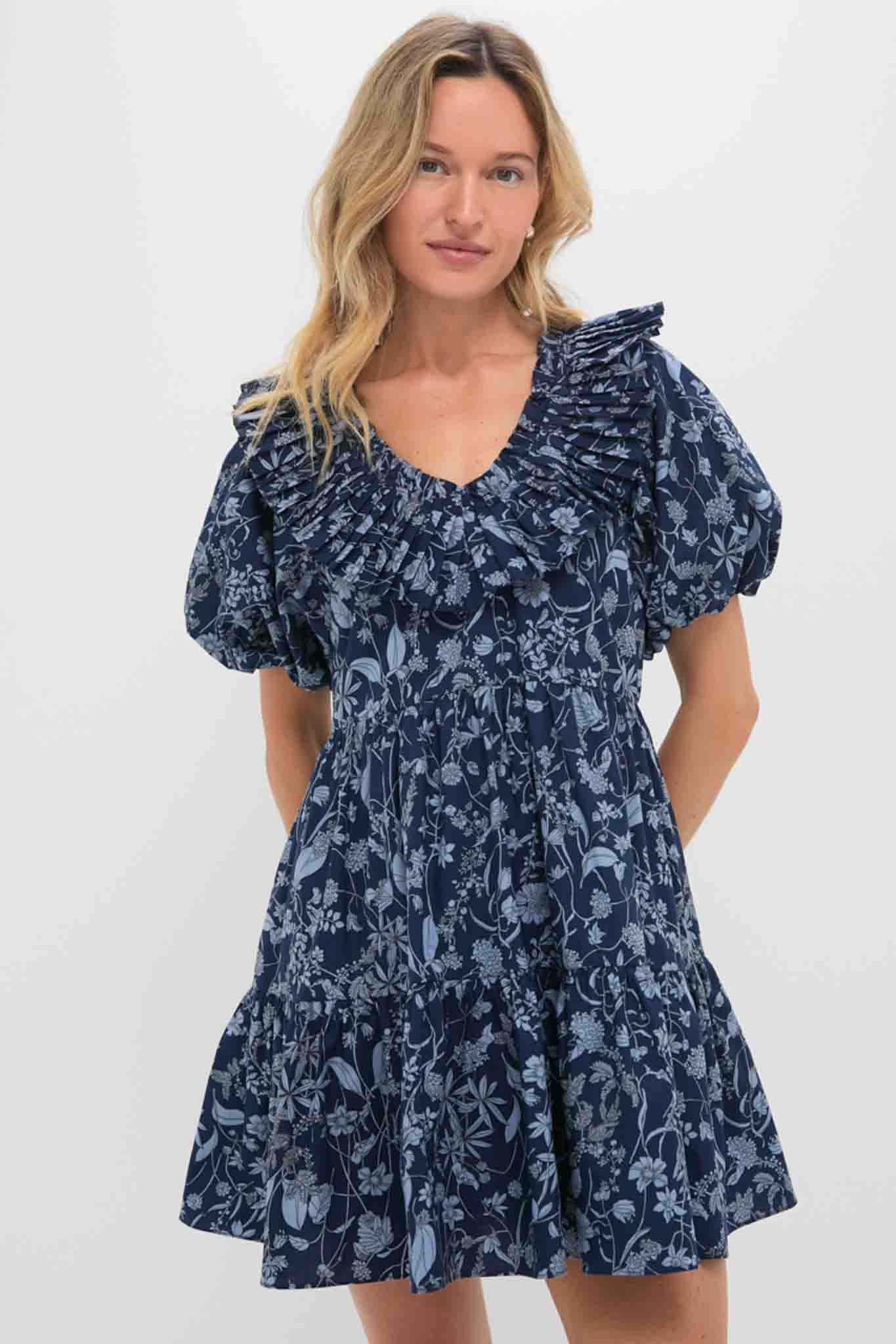 hyacinth house lace trim blue etched floral emmie mini dress White & Navy Embroidery Mimi Mini Dress