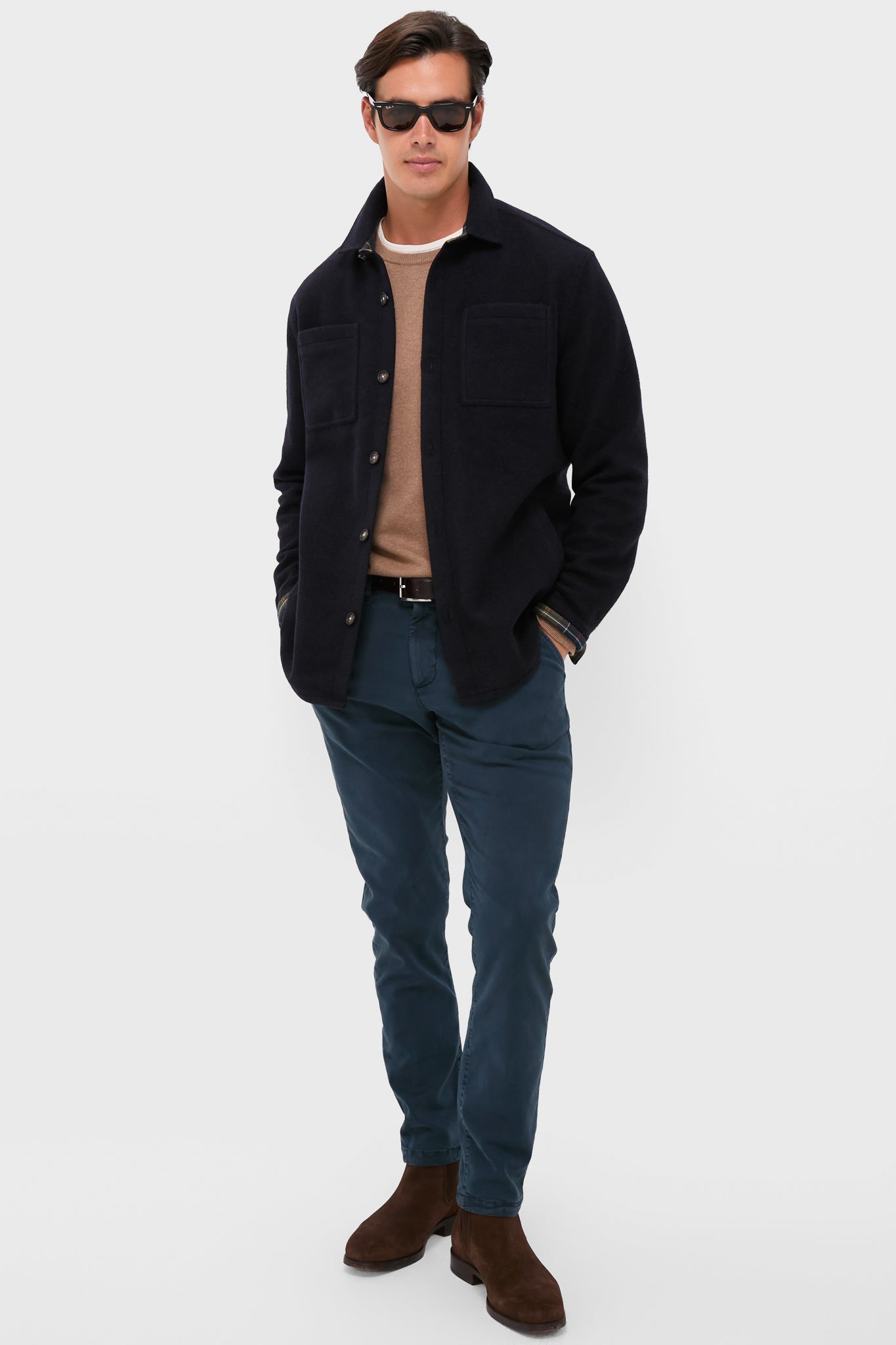 Model in a classic, high-end Navy Marl Marlow Tailored Wool Blend Overshirt, effortlessly styled with smart-casual pieces for a fun, versatile look.
