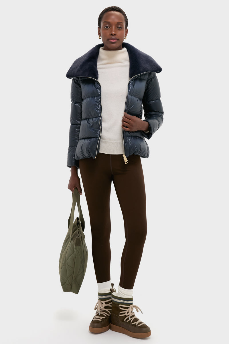 Blue Navy Nylon Ultralight Short Jacket with Faux Fur Collar