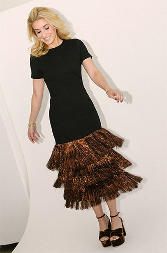 Black & Bronze Metallic Fringe Francie Short Sleeve Maxi Dress