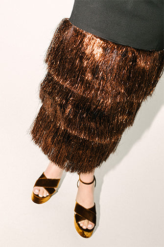 Black & Bronze Metallic Fringe Francie Short Sleeve Maxi Dress