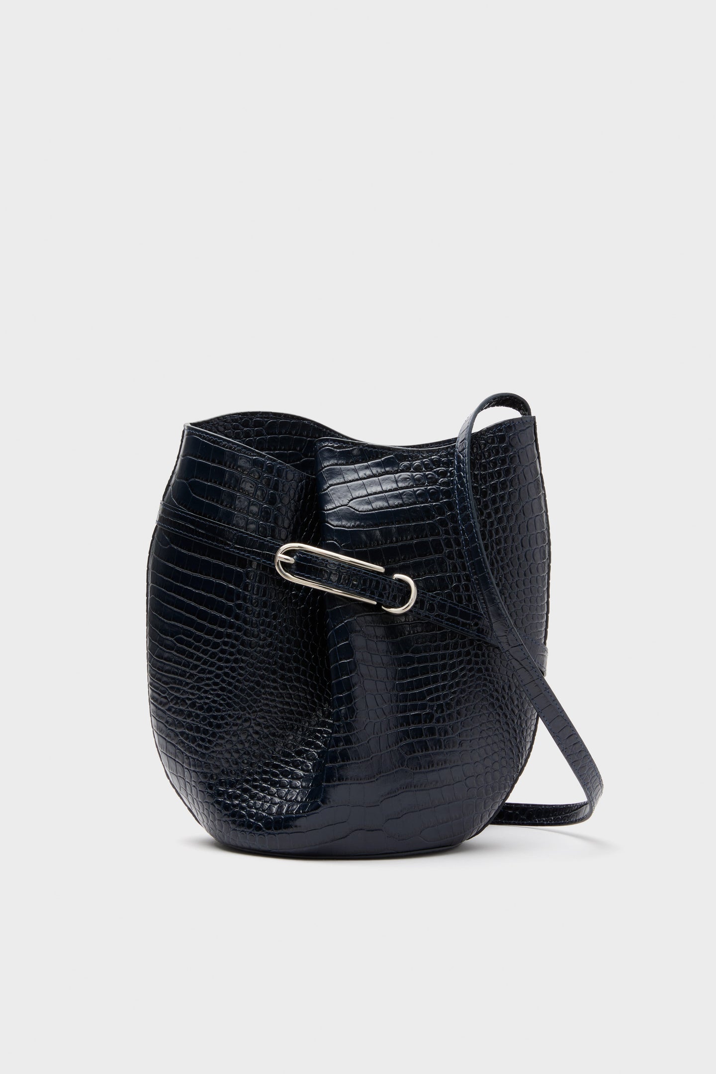 Navy Croc Embossed Belted Bucket Bag