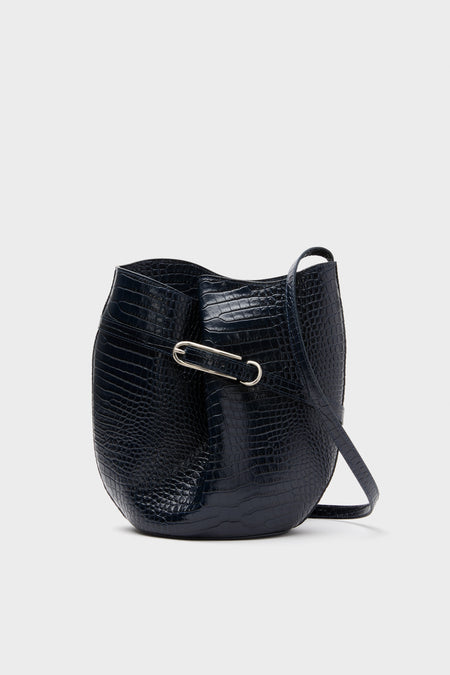 Navy Croc Embossed Belted Bucket Bag