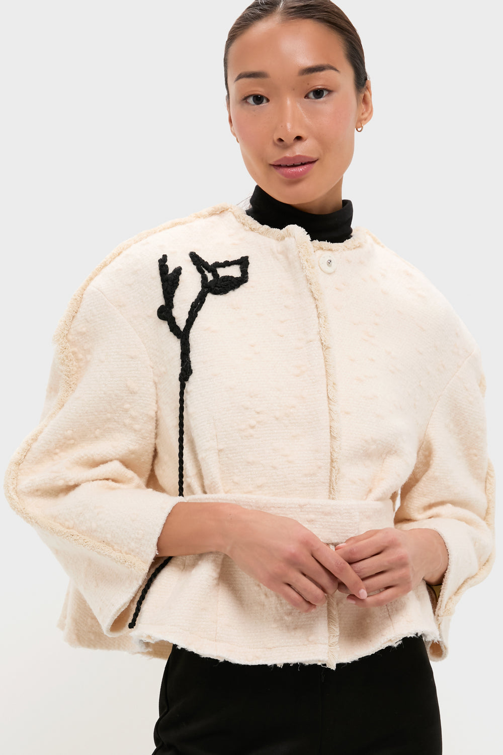 Ivory Cocoon Cropped Belted Jacket