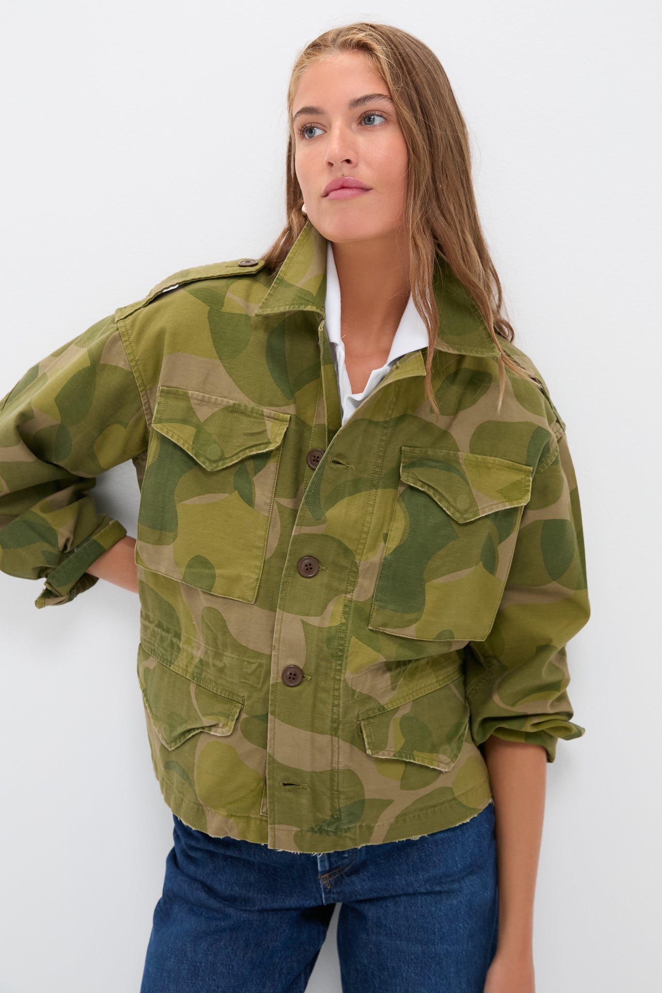 Camo Green and Brown Multi Cotton Satin Woven Field Jacket