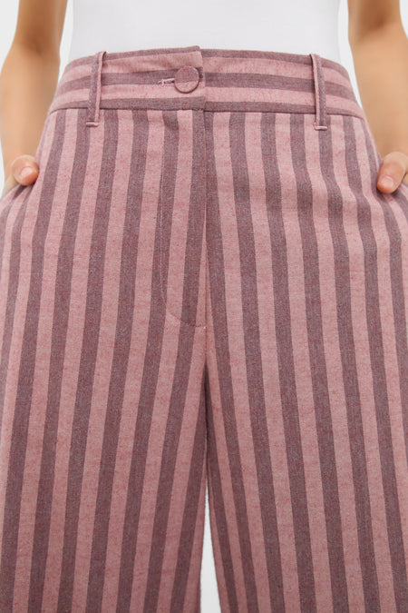 High-waisted Mauve Stripe Wyatt Pants with classic wide-leg silhouette and vertical stripes, offering an effortless, fun style with belt loops and front pockets.