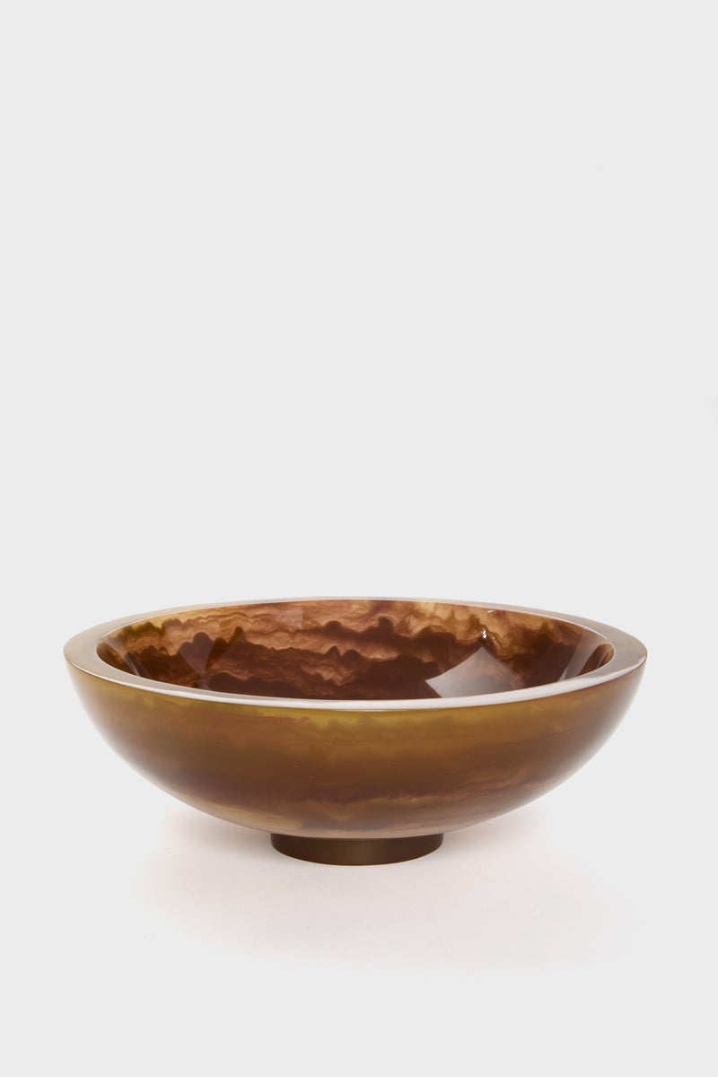 The Lily Juliet Sorrento Bowl features a glossy brown tortoise finish in a round, shallow design, crafted to be a true conversation piece.