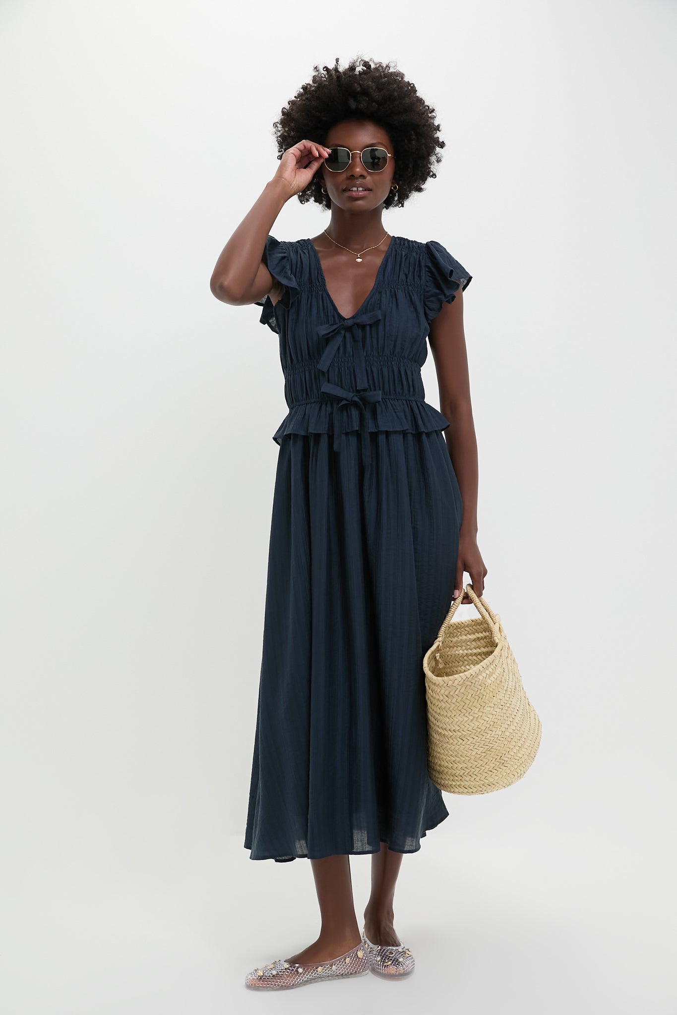 Navy Flutter Sleeve Tie Front Midi Dress