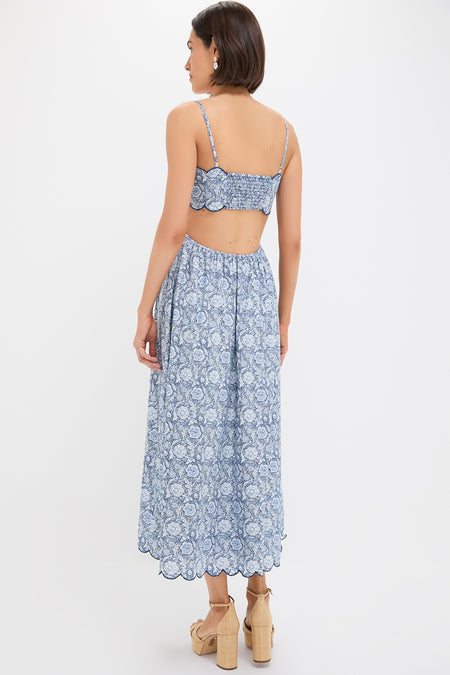 Blue Medallion Floral Estelle Scalloped Dress