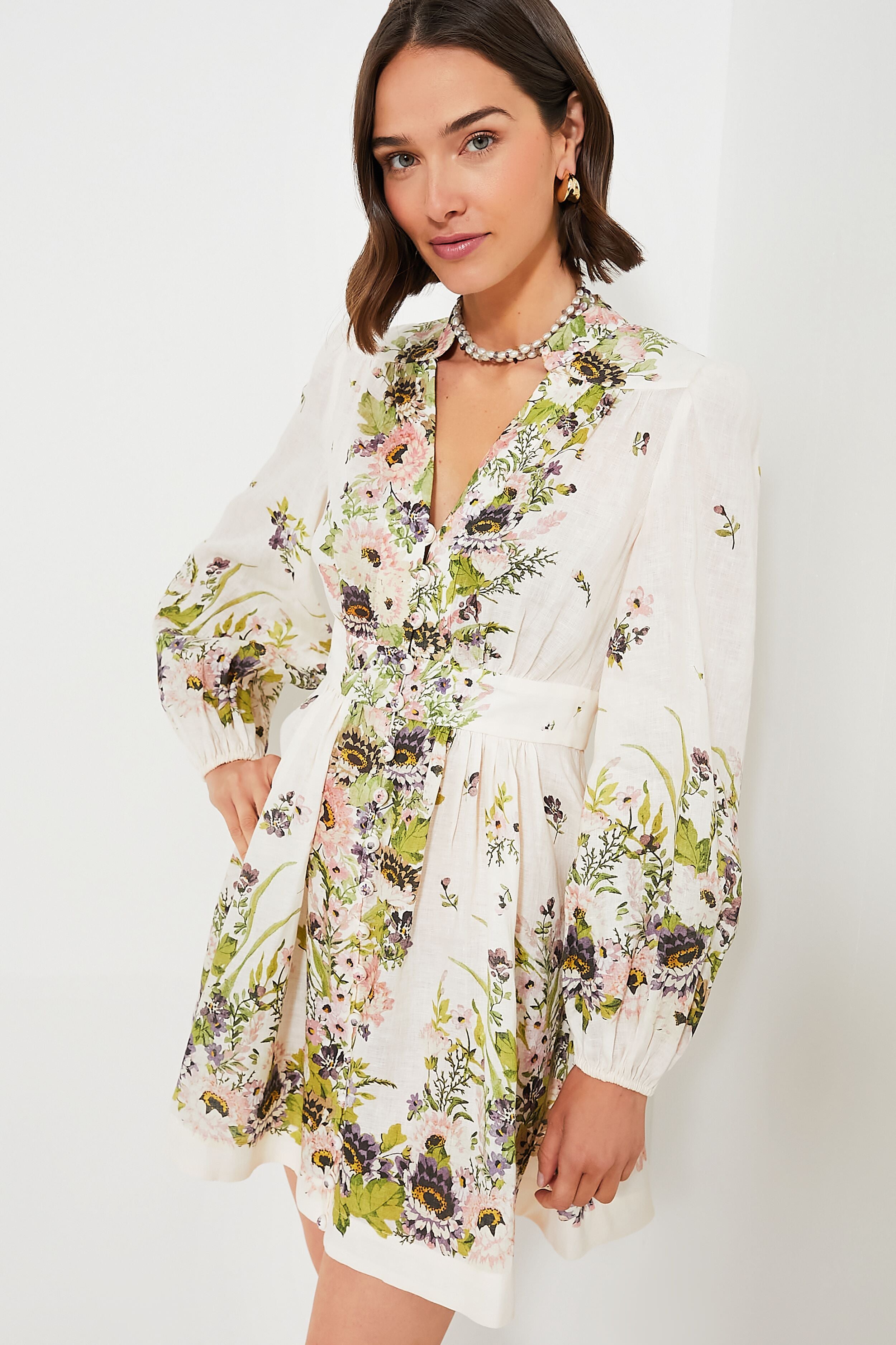 Cream Multi Floral Halliday Plunge Mini Dress | Zimmermann