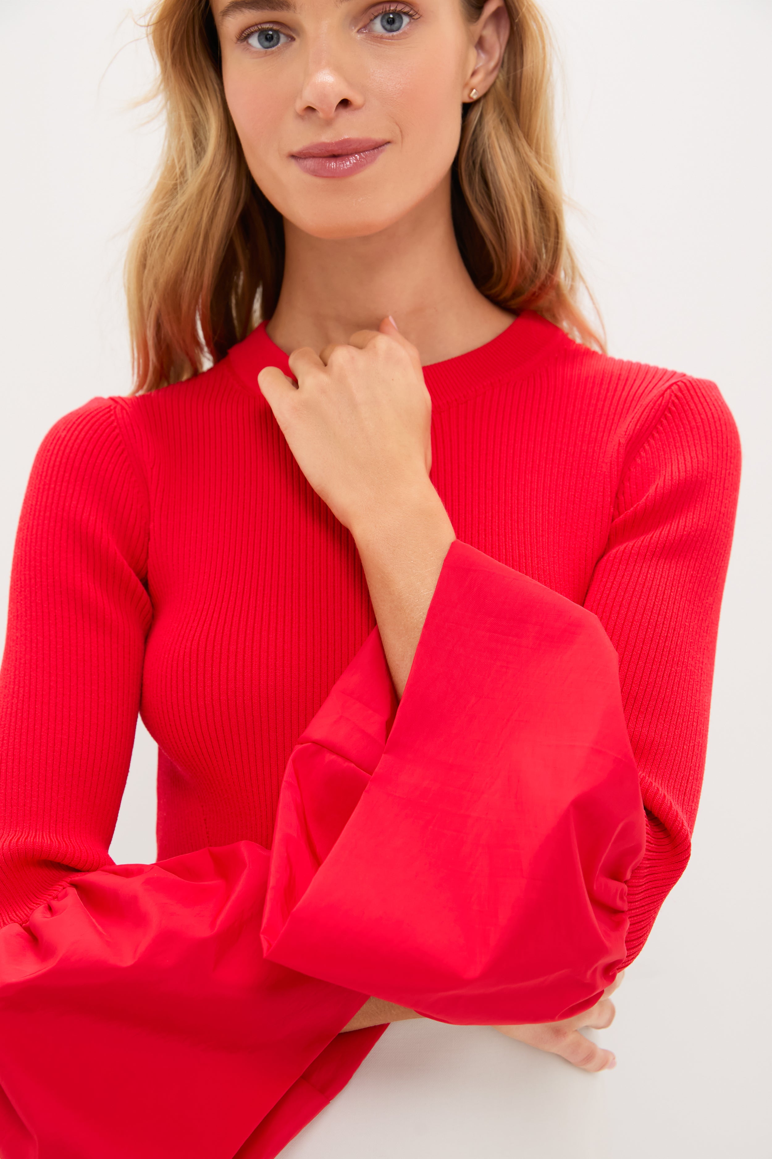 Red Knit Mixed Media Odin Blouse | English Factory