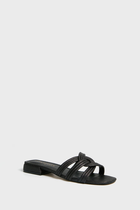 The Marc Fisher Casara Sandal is a black flat slide with a low block heel and three woven upper straps across the foot.