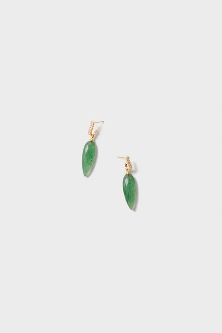 A pair of Brinker + Eliza gold pavé hoop drop earrings featuring elongated green strawberry quartz pendants, elegantly displayed.