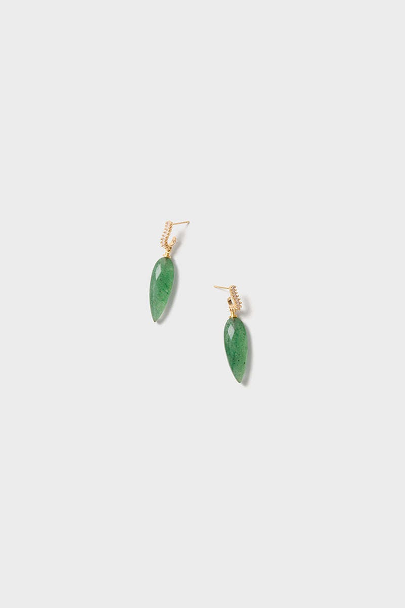 A pair of Brinker + Eliza gold pavé hoop drop earrings featuring elongated green strawberry quartz pendants, elegantly displayed.