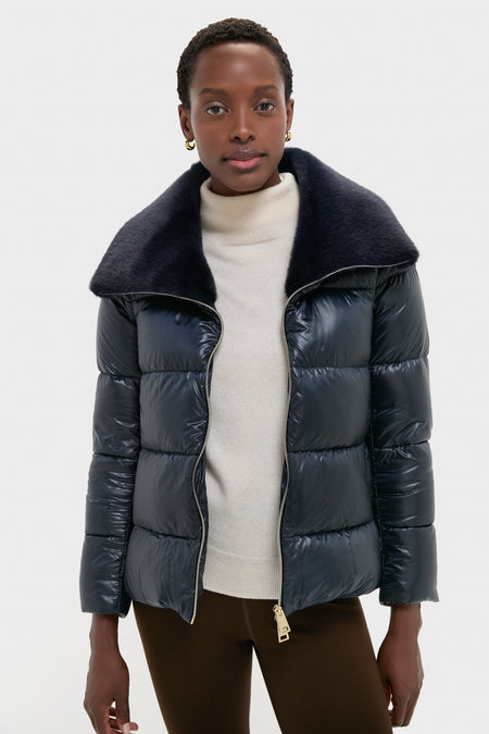 Blue Navy Nylon Ultralight Short Jacket with Faux Fur Collar