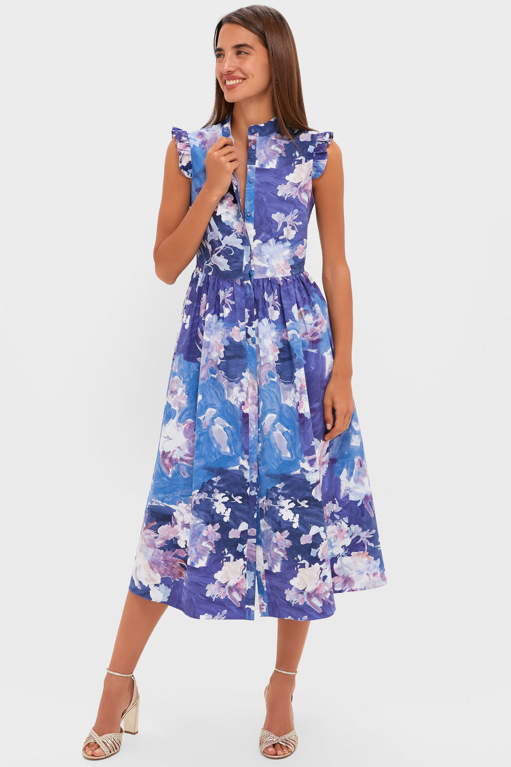 Artist Garden Pale Cobalt Sleeveless Flared Midi Dress | ERDEM Artist Garden Pale Cobalt Sleeveless Flared Midi Dress | ERDEM