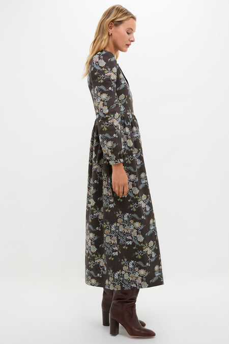 Long Sleeve Brown Multi Floral Oslo Midi Dress