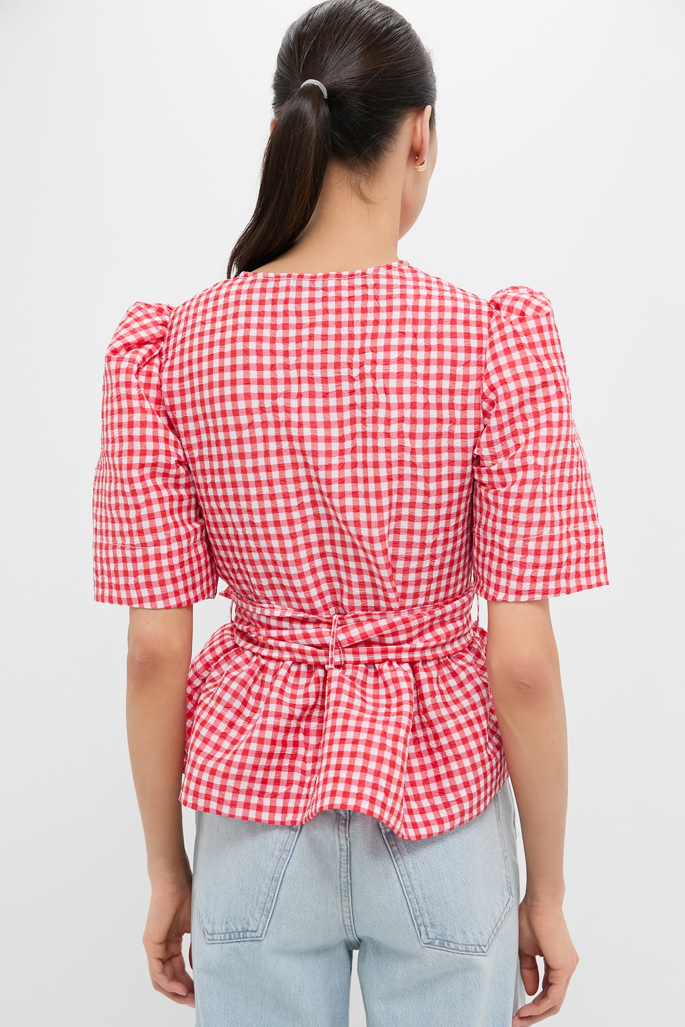 Red Alert Crinkled Taffeta Check Tie Front Blouse | GANNI