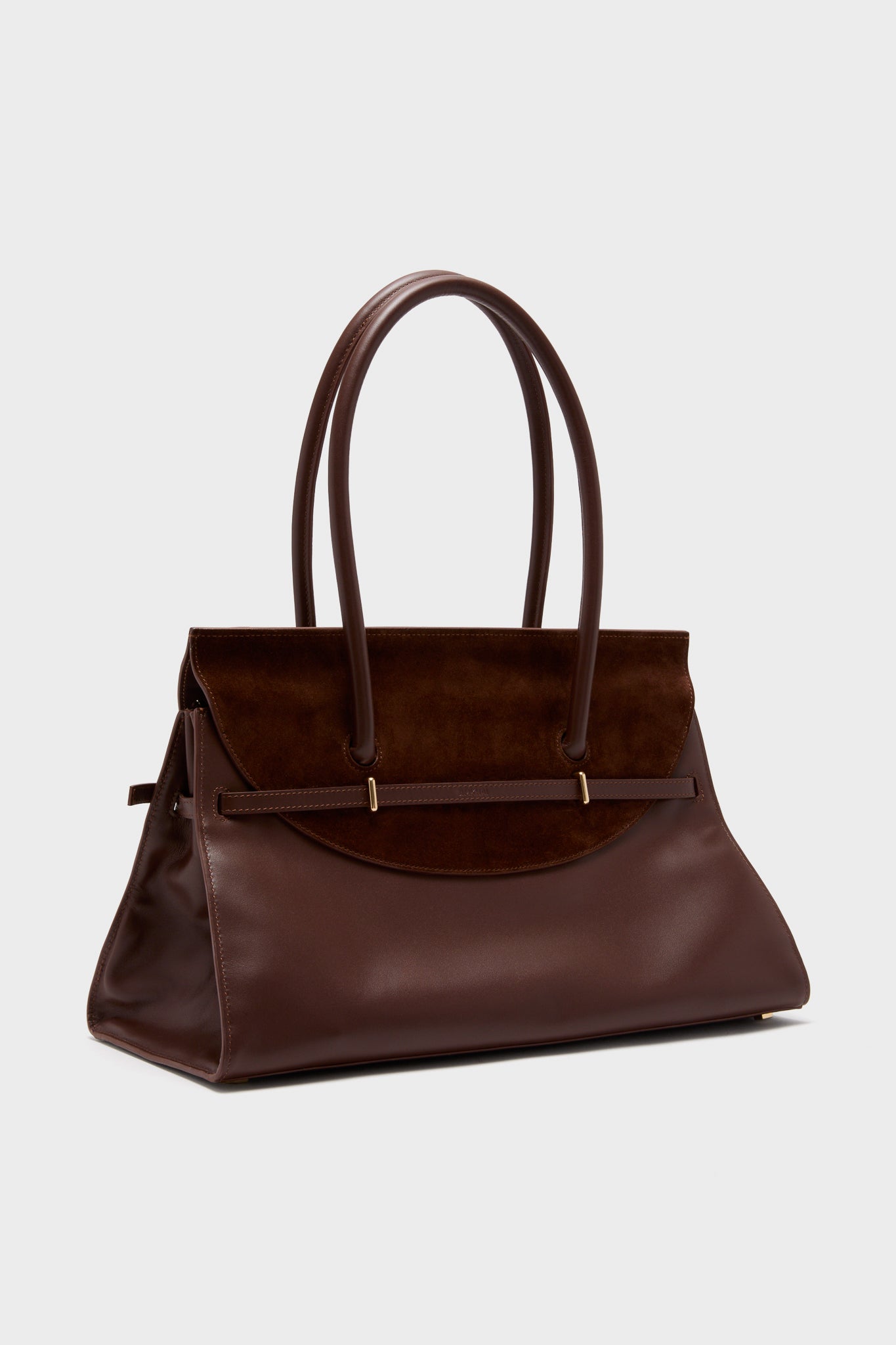 Hickory River Suede Shoulder Bag, a classic, high-end tote with effortless style; features a suede flap, slim belt detail, and gold-tone accents for a fun, modern look.