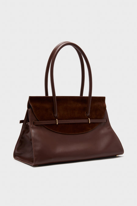 Hickory River Suede Shoulder Bag, a classic, high-end tote with effortless style; features a suede flap, slim belt detail, and gold-tone accents for a fun, modern look.