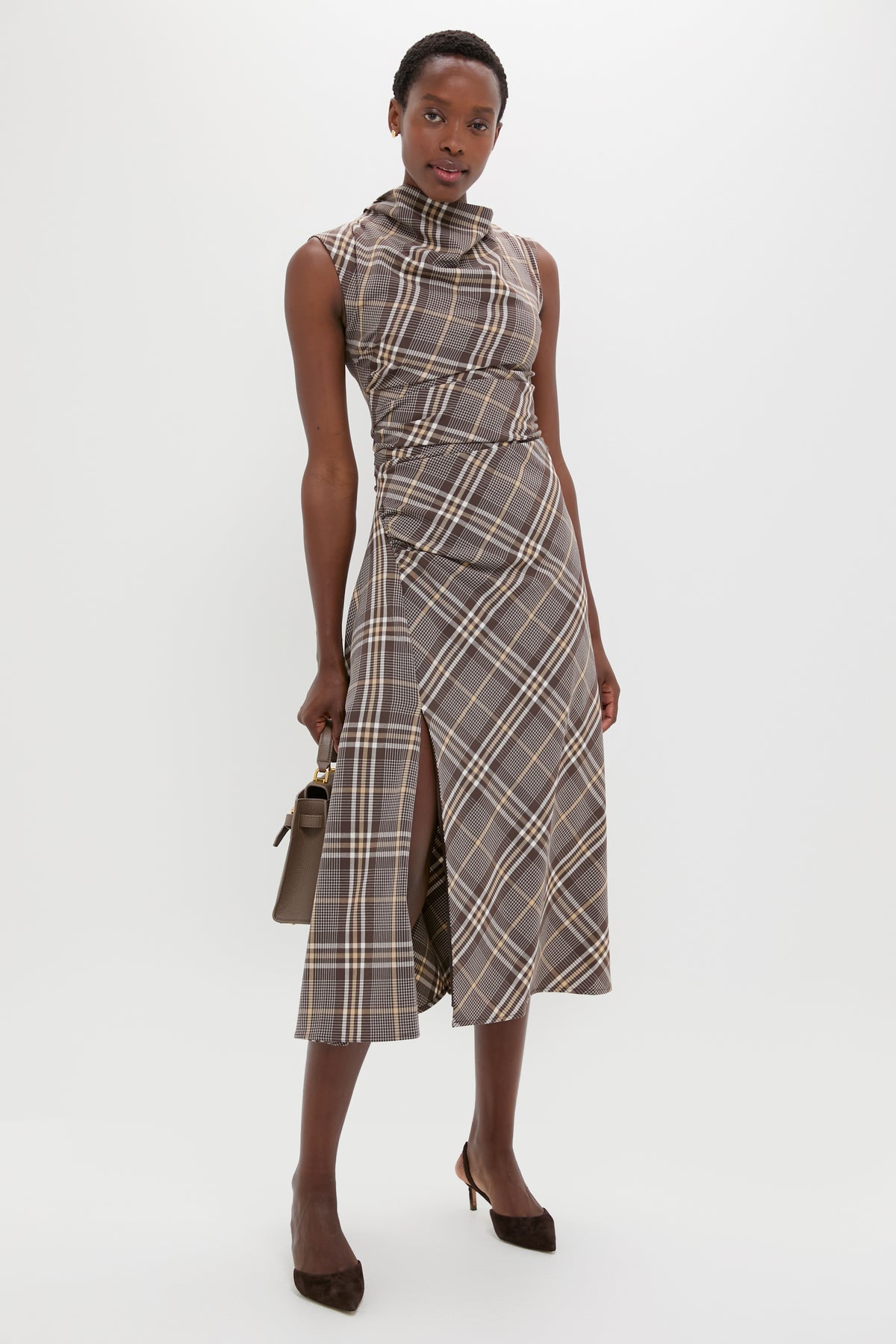 Chocolate Plaid Burke Sleeveless Draped Midi Dress | SIMKHAI Chocolate Plaid Burke Sleeveless Draped Midi Dress | SIMKHAI