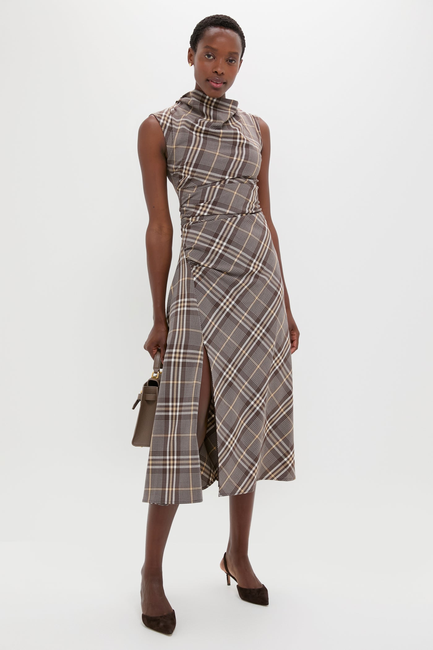 Chocolate Plaid Burke Sleeveless Draped Midi Dress