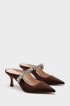 Chocolate Satin Mae Heels: Classic pointed-toe mules with crystal-embellished strap, low kitten heels in satin finish; perfect for an effortless, high-end look at fun occasions.
