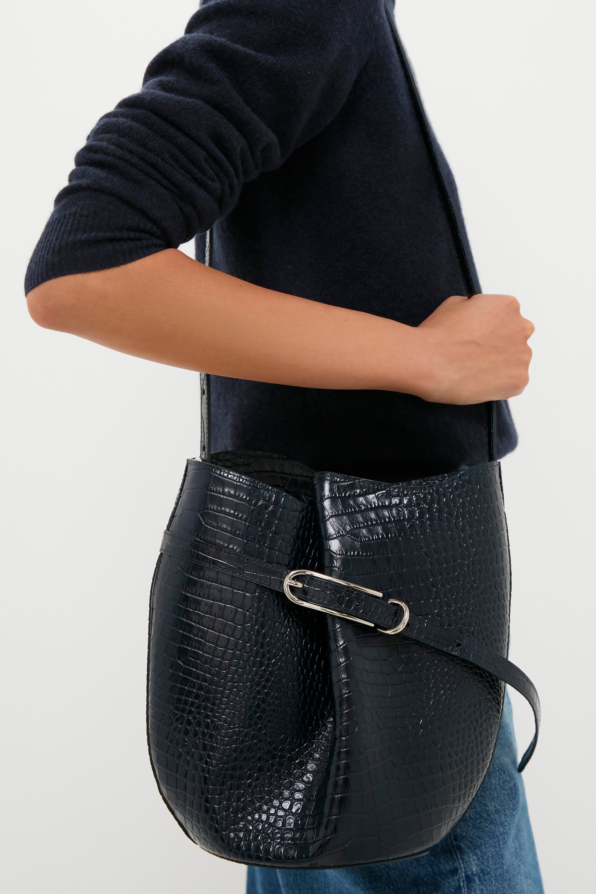 Navy Croc Embossed Belted Bucket Bag | Liffner