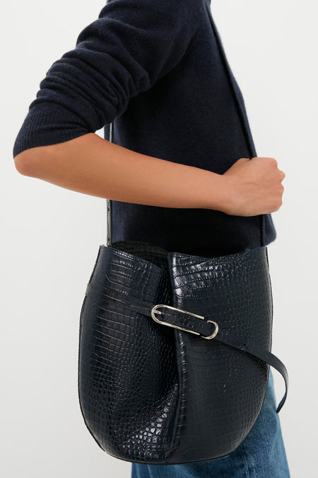 Navy Croc Embossed Belted Bucket Bag