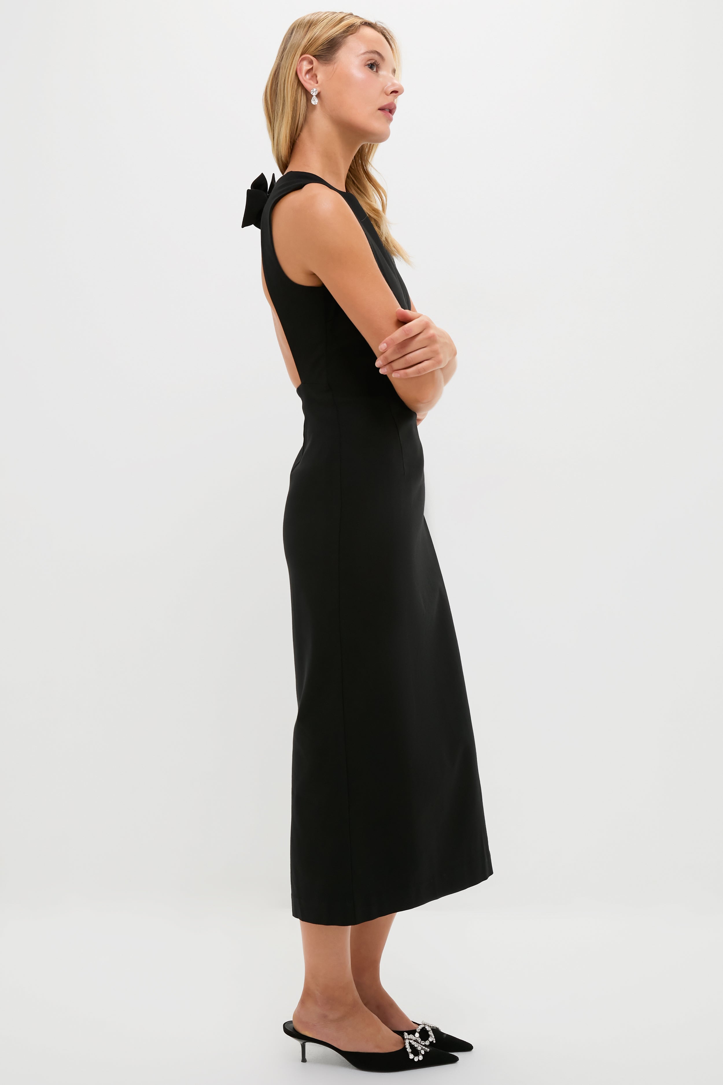 Black Open Back Bow Ambrose Midi Dress | Hyacinth House