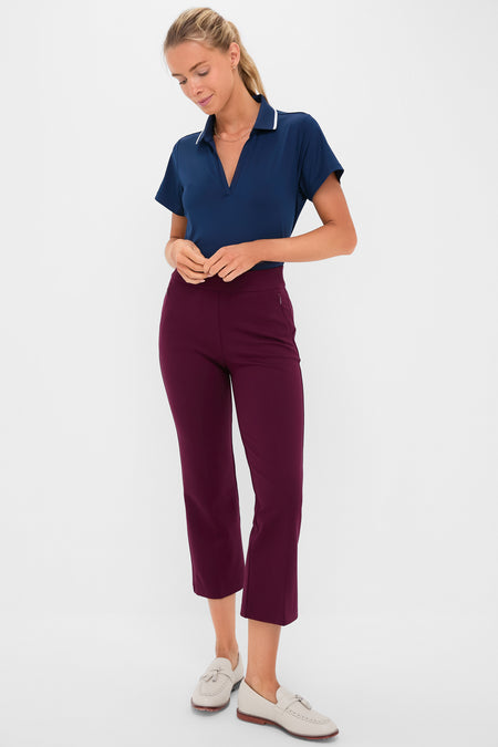 Model showcases Petite Winetasting Compression September Pant, featuring a classic, high-end cropped design with side zip pockets and a slightly flared silhouette, embodying effortless and fun style.