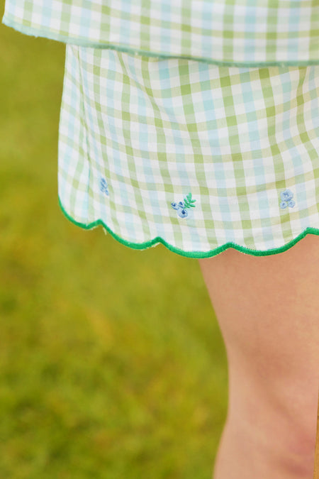 Maxwell Gingham Scallop Trim Embroidered Shorts in Green