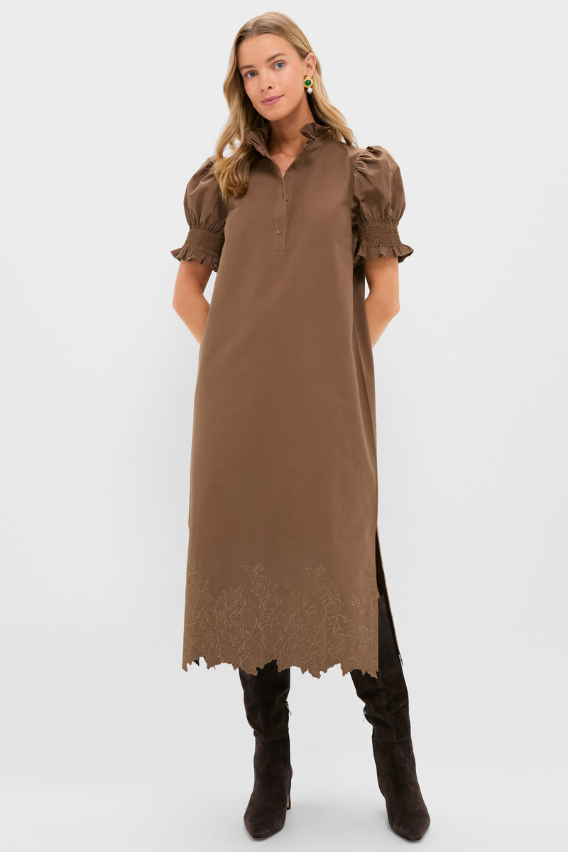 Mocha Embroidery Eliza Midi Dress