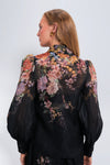 Black Multi Floral Pavilion Tie Neck Blouse