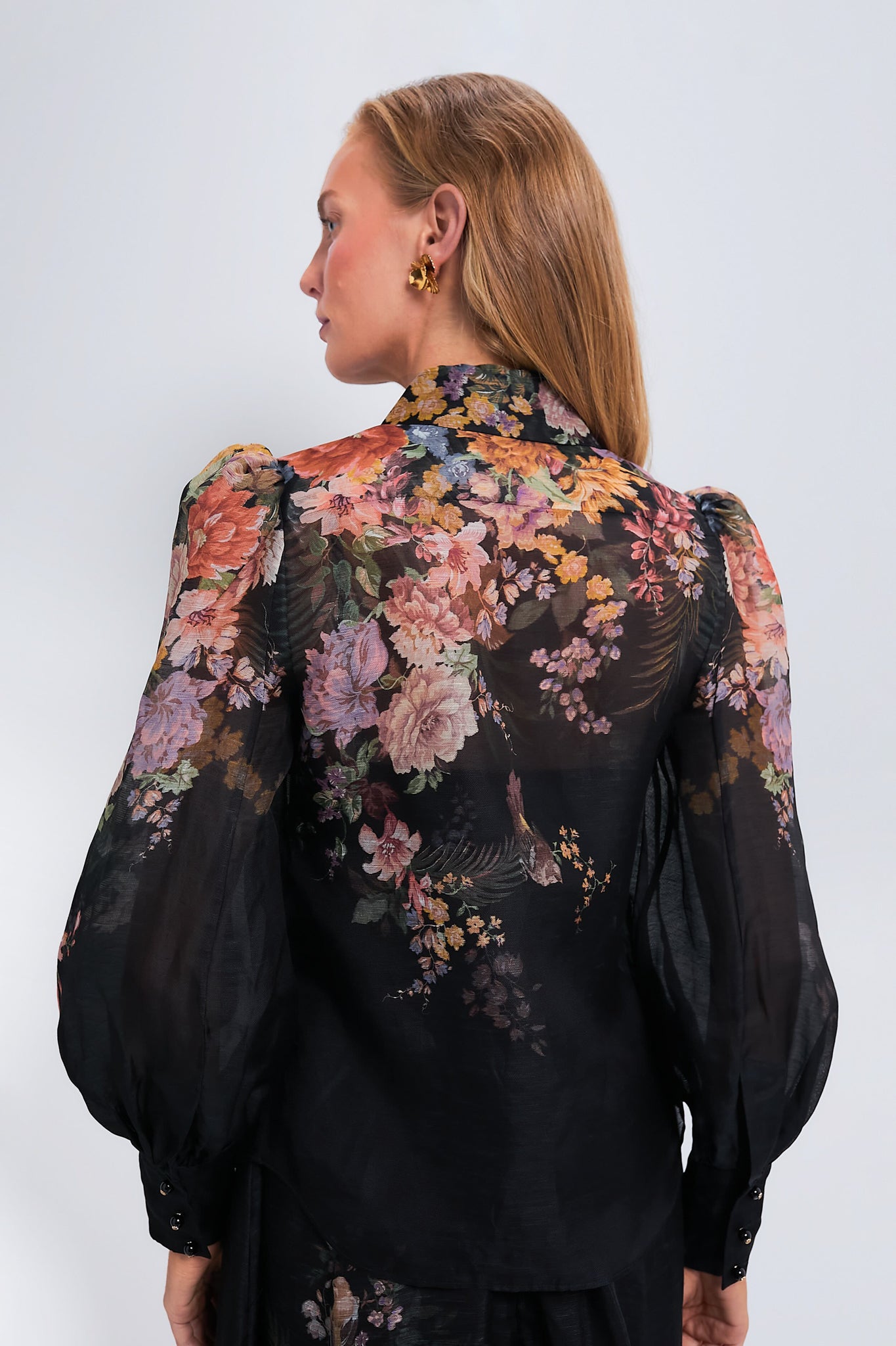Black Multi Floral Pavilion Tie Neck Blouse
