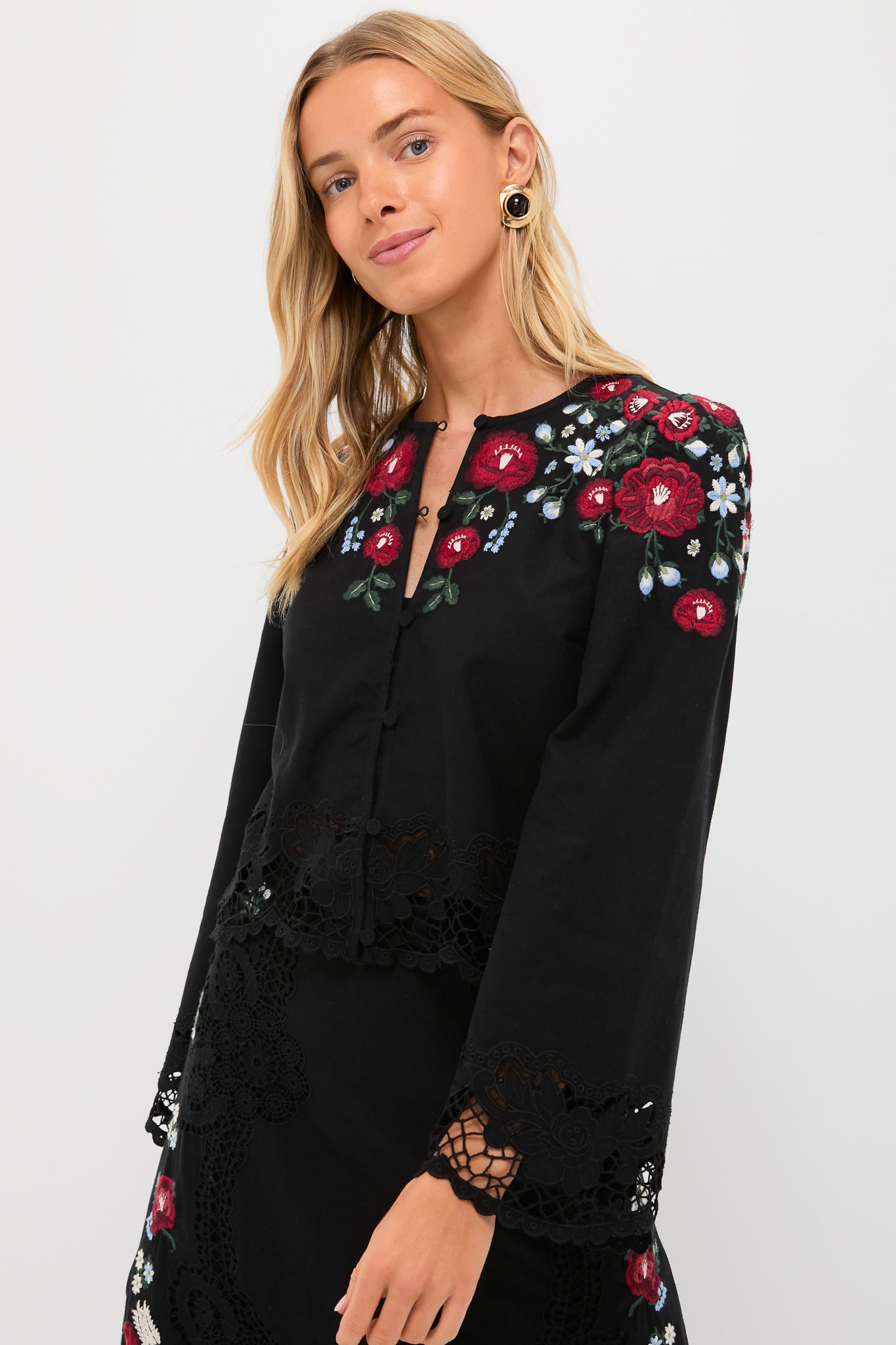Black Rosaline Embroidery Long Sleeve Button Up Top | Sea New York Black Rosaline Embroidery Long Sleeve Button Up Top | Sea New York