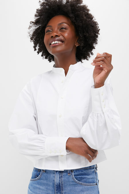 White Cotton Poplin Woven Long Sleeve Collared Sport Shirt