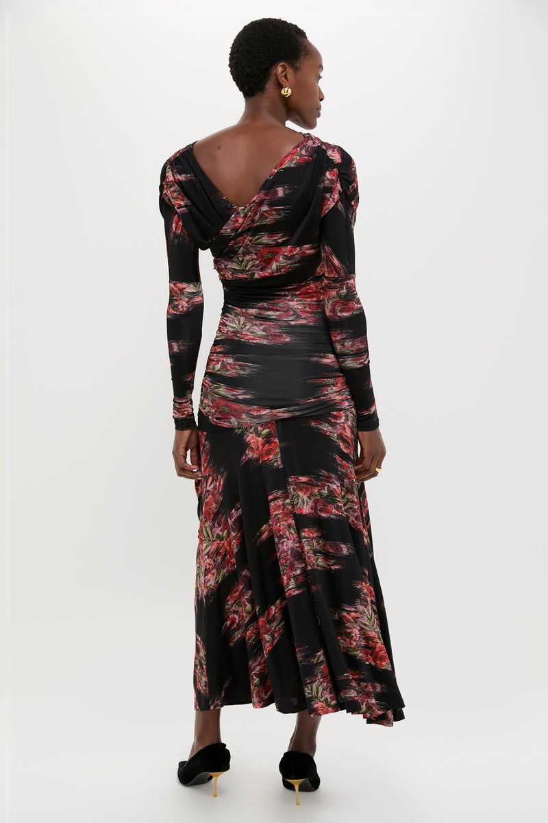 Black Printed Shiny Jersey Ruched Long Dress