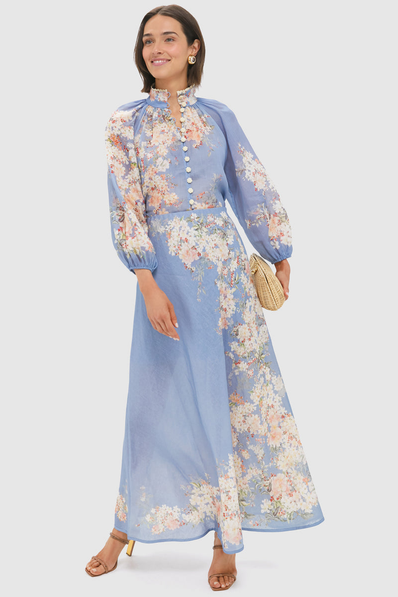 Teal Blue Botanical Floral Cascadian Billow Blouse