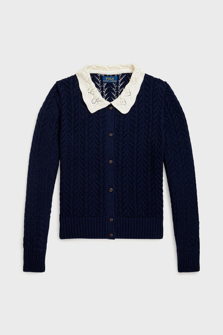 Girls Long-Sleeve Cotton Pointelle Collared Cardigan