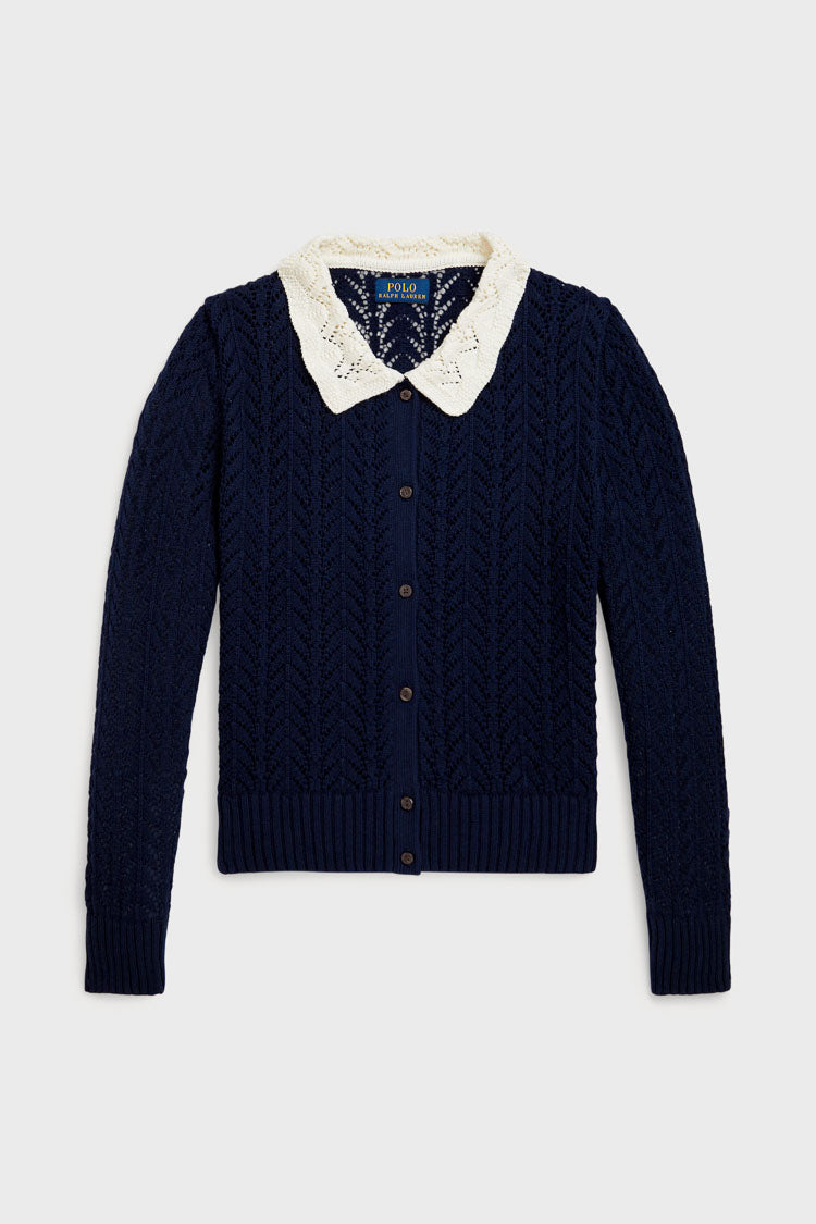 Girls Long-Sleeve Cotton Pointelle Collared Cardigan