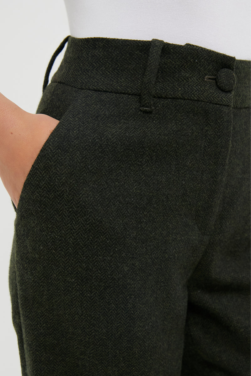Hunter Green Tweed Herringbone Wide Leg Watson Trousers