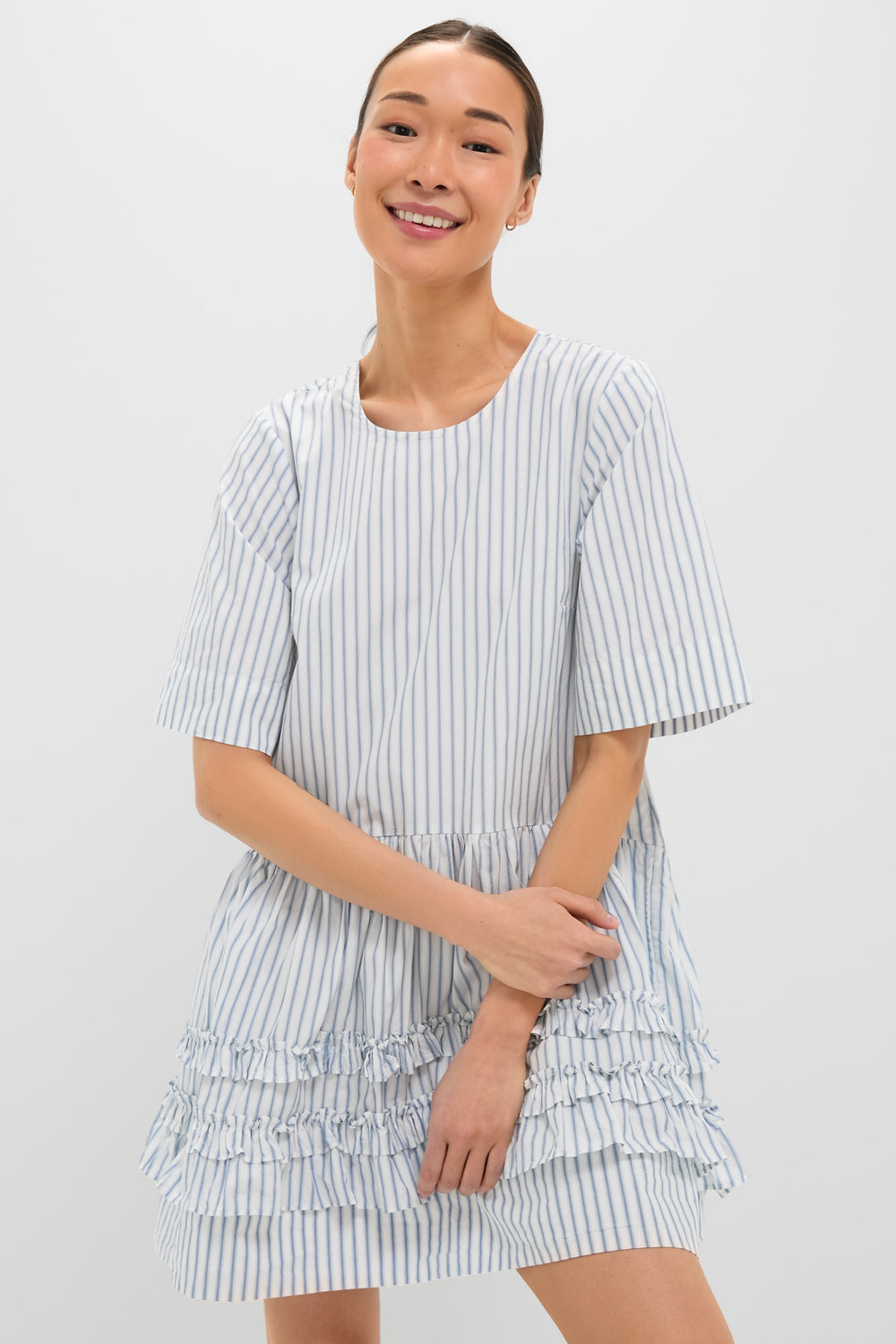 ganni blue and white dress GANNI Nouvean Navy Dress in Striped Cotton