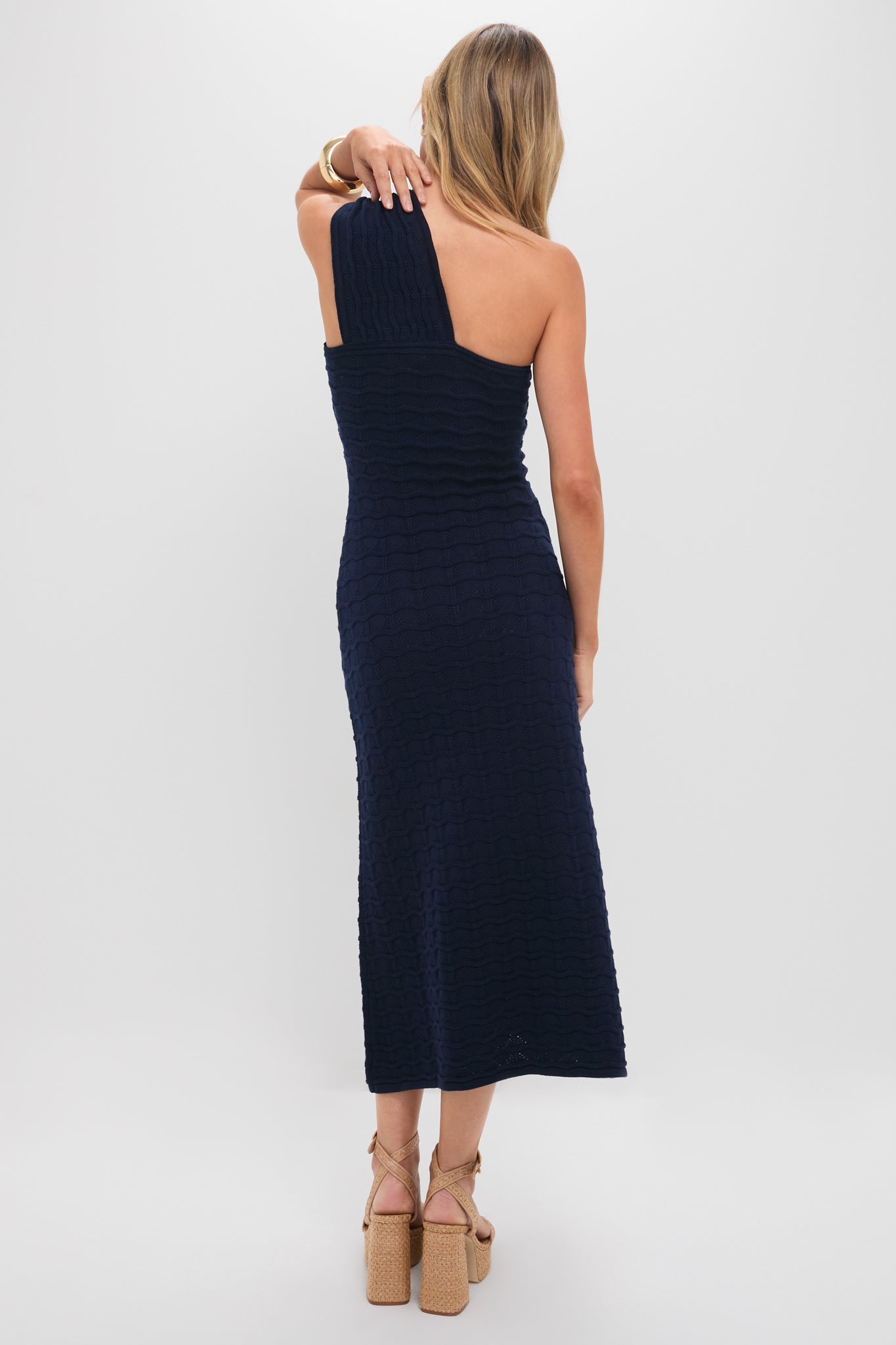 Navy Knit One Shoulder Nicole Midi Dress