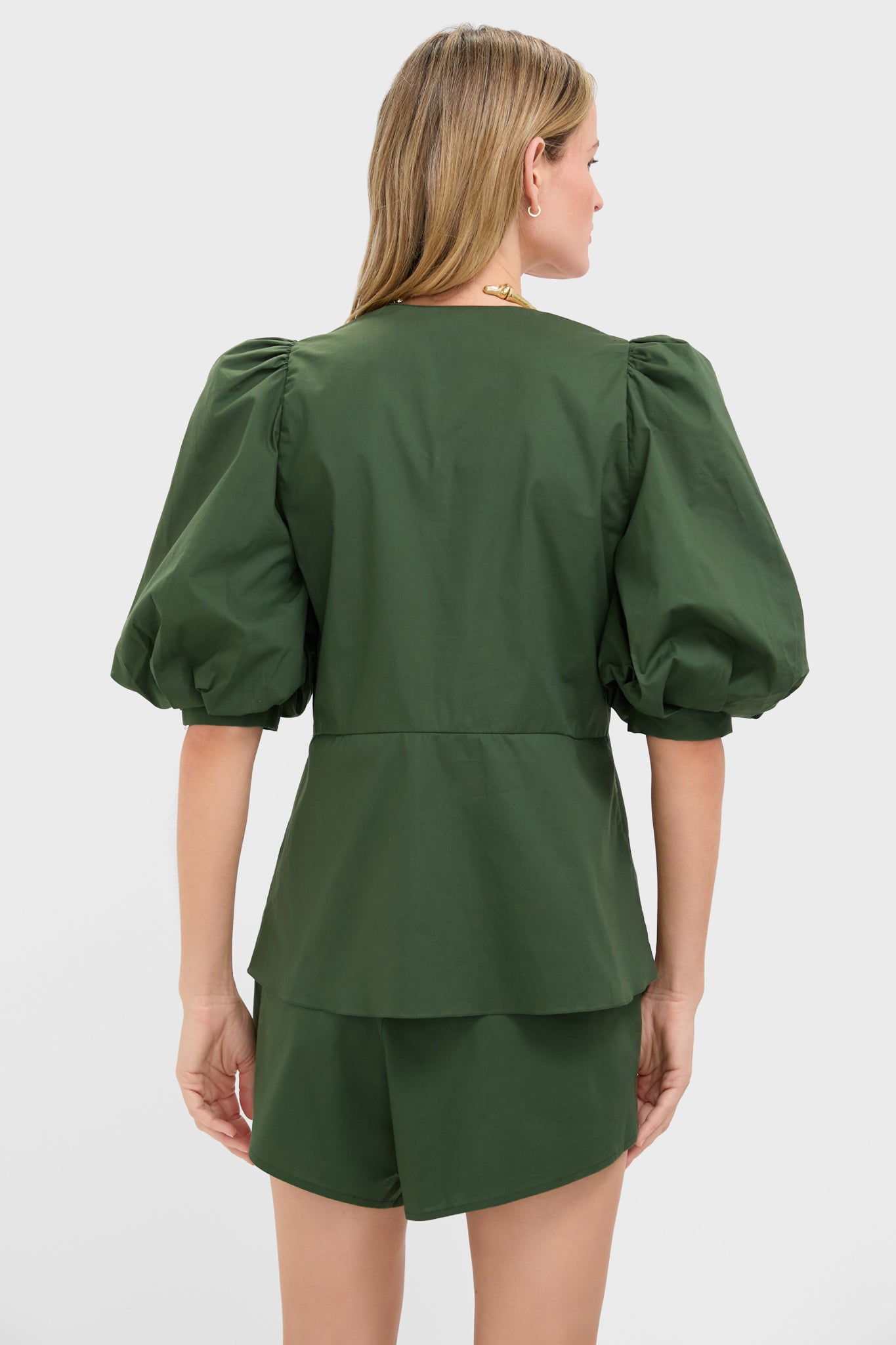 Green Solid Puff-Sleeved Blouse