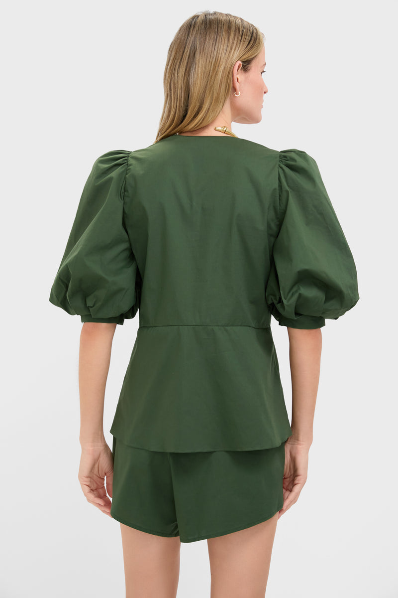 Green Solid Puff-Sleeved Blouse