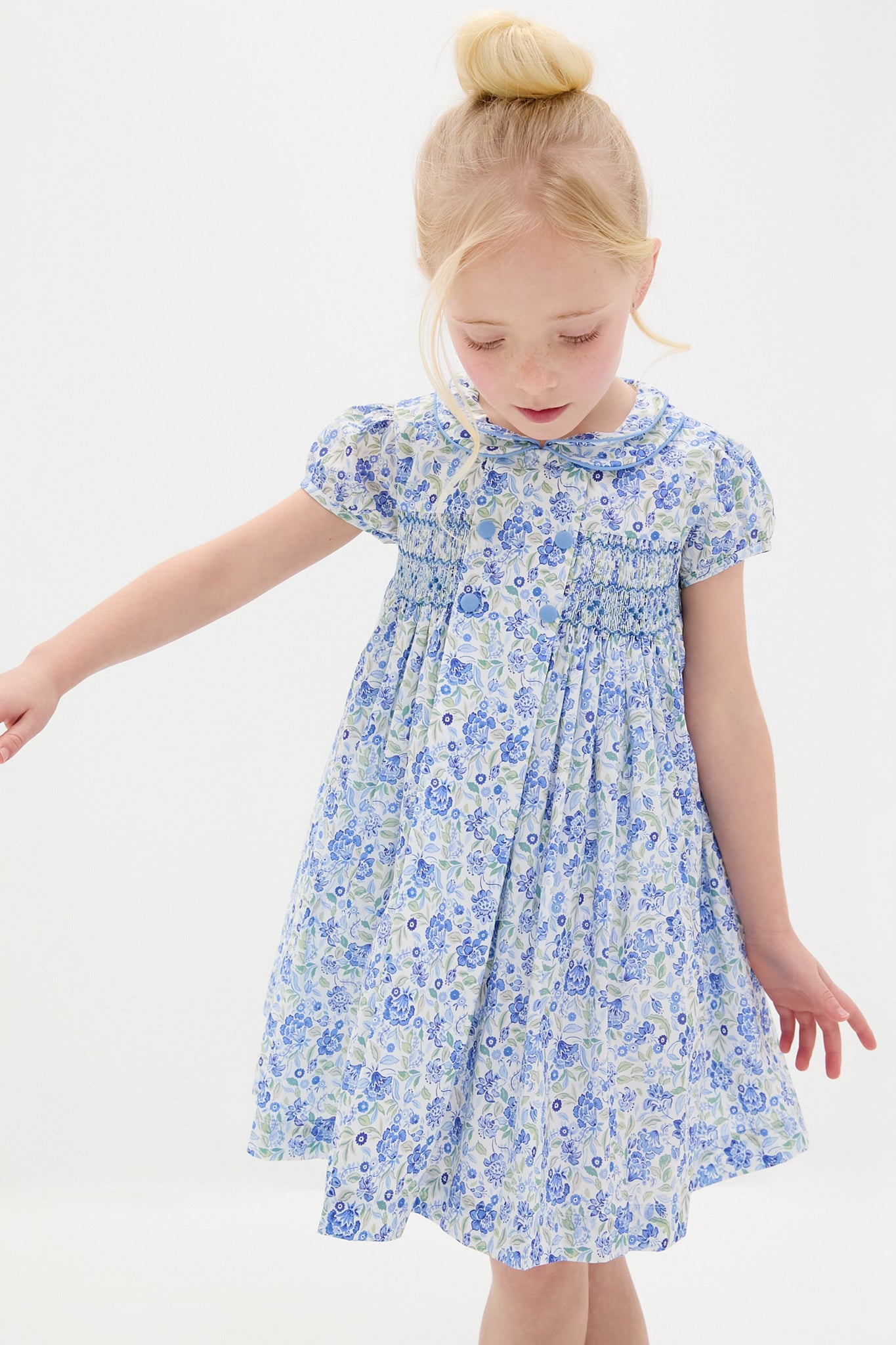 Dusty Blue Floral Arcadia Hand-Smocked Dress