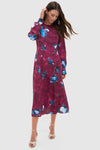 Abstract Rose Milberry Red Long Sleeve Midi Dress