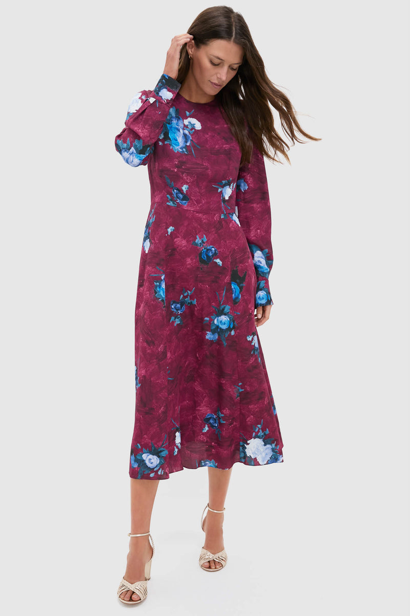 Abstract Rose Milberry Red Long Sleeve Midi Dress