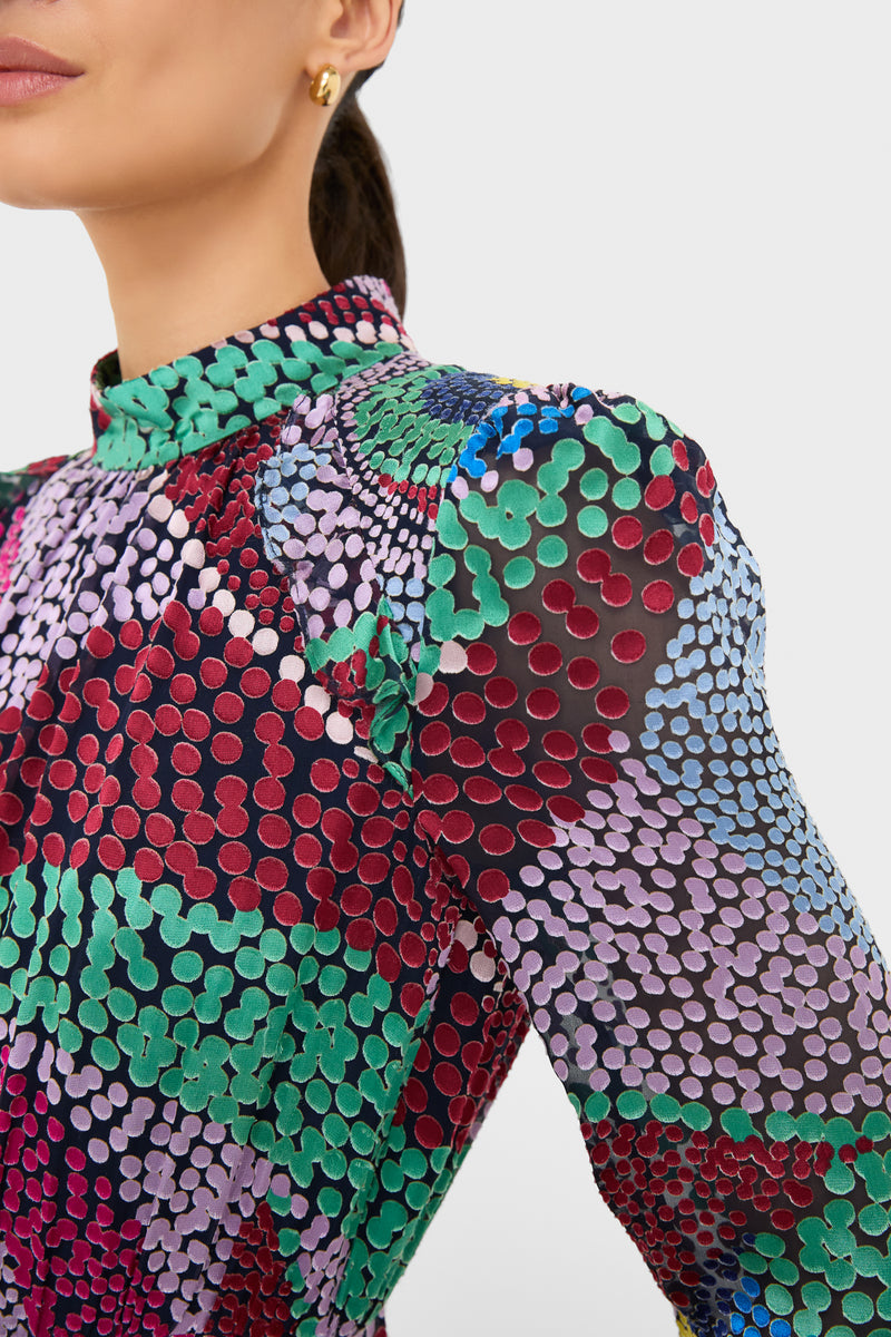 Jangle Jacqui-B Dress: A classic, high-end semi-sheer blouse with dot print, mock neck, and puffed sleeves. Effortlessly fun and modern, perfect for confident styling.